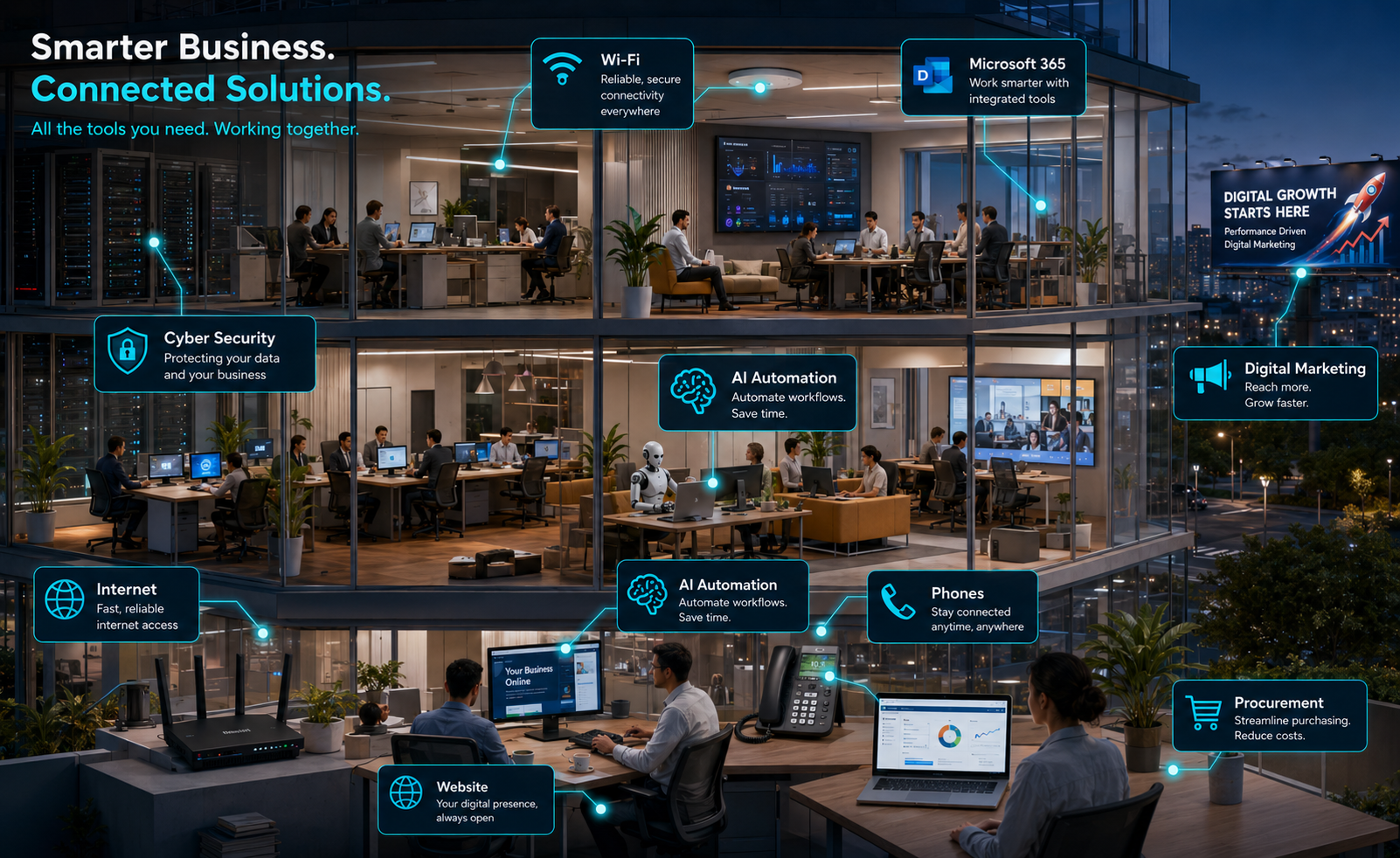 Connected business office showing all technology services